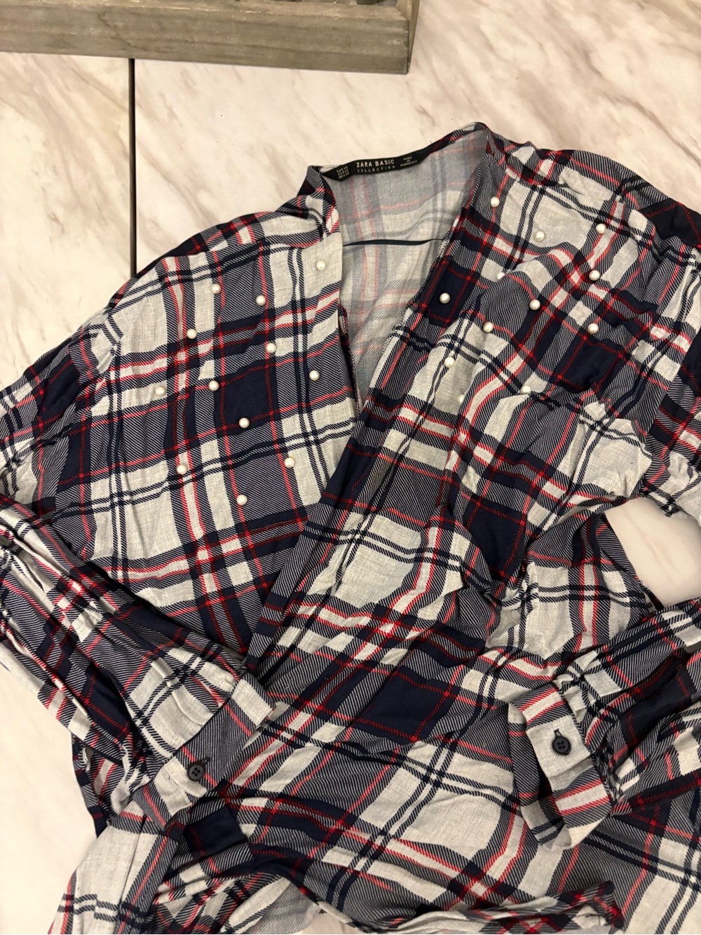 Zara Plaid Wrap Shirt in Navy, Red & White with Pearls